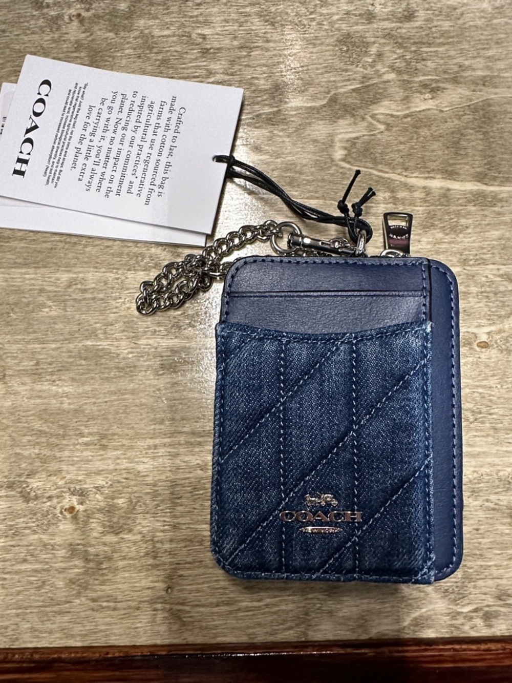 Coach Navy Quilted Denim Card Holder with Chain